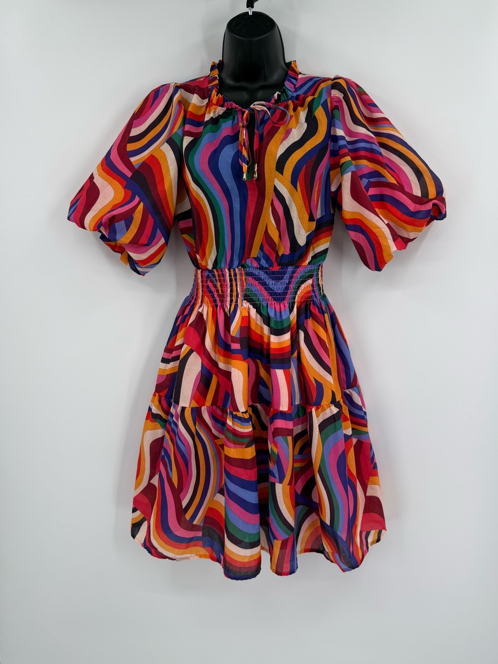 THML Retro Swirl Smocked Puff Sleeve Tiered Mini Dress | Multicolor | XS